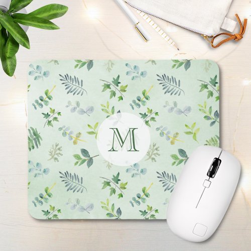 Watercolor Leaves Foliage Greenery Monogram Mouse Pad