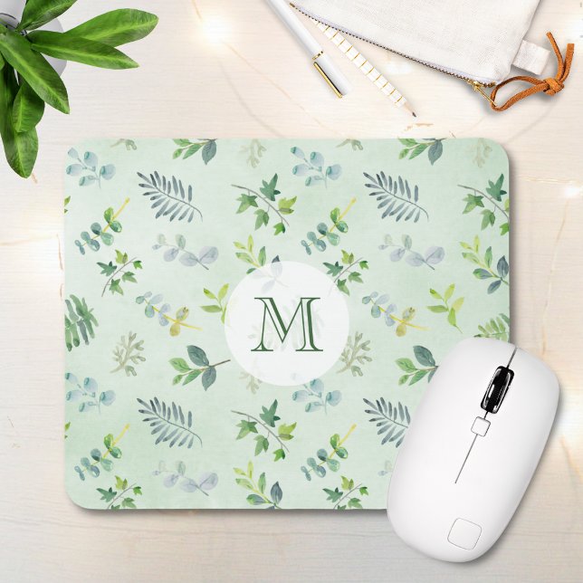 Watercolor Leaves Foliage Greenery Monogram Mouse Pad (Creator Uploaded)