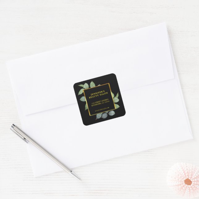 Watercolor leaves gold black professional square sticker (Envelope)