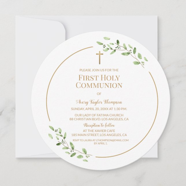 Watercolor leaves Gold Cross First communion  Invitation (Front)