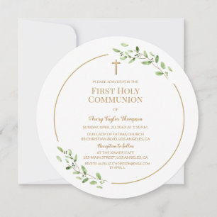 Watercolor leaves Gold Cross First communion  Invitation