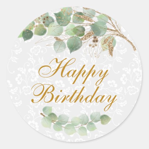 Watercolor Leaves Gold Foil Glitter Birthday Classic Round Sticker