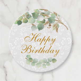 Watercolor Leaves Gold Foil Glitter Birthday Favor Tags
