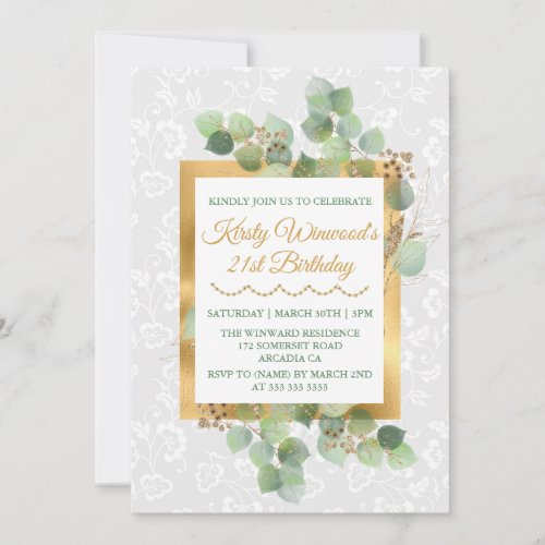 Watercolor Leaves Gold Foil Glitter Birthday Invitation