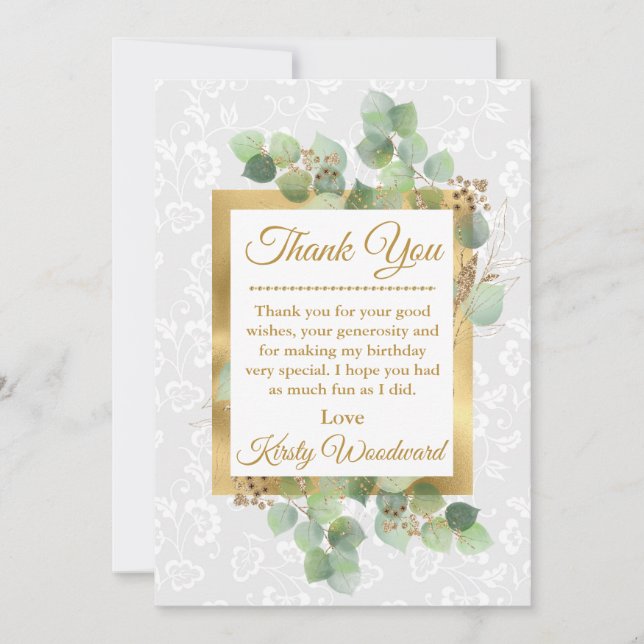 Watercolor Leaves Gold Foil Glitter Birthday Thank You Card (Front)