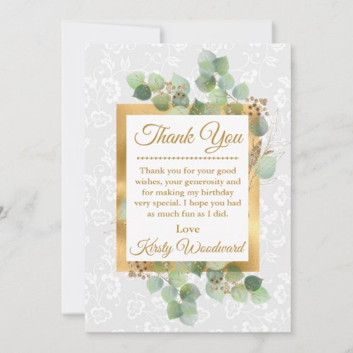 Watercolor Leaves Gold Foil Glitter Birthday Thank You Card