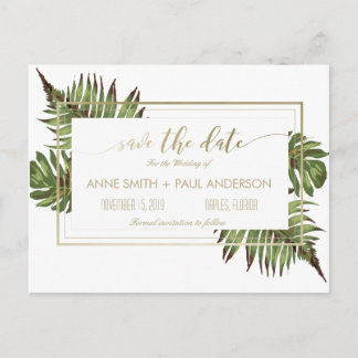 Watercolor leaves & gold Save the Date Announcement Postcard