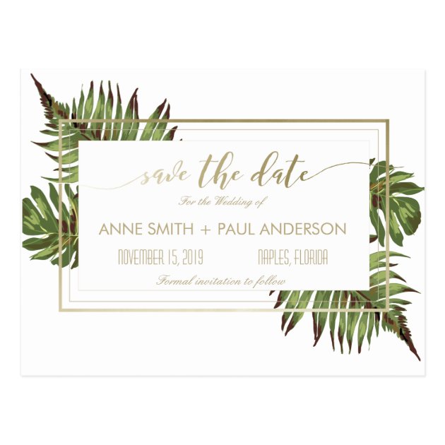 Watercolor Leaves & Gold Save The Date Postcard