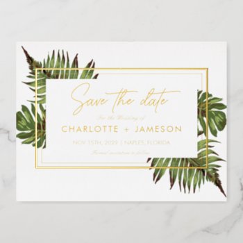 Watercolor Leaves & Gold Save The Date Real Gold Foil Invitation Postcard by rusticwedding at Zazzle