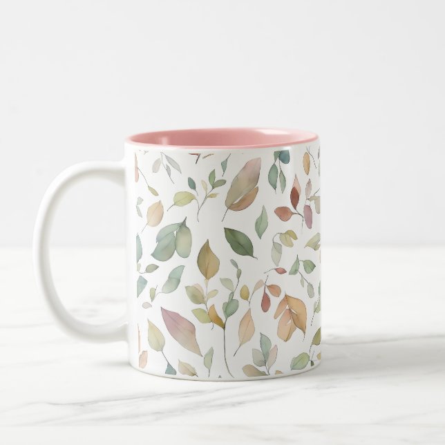 Watercolor Leaves Green Earth Tones Two-Tone Coffee Mug (Left)