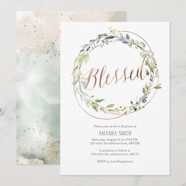 Watercolor leaves, Greenery, Rose gold, Baptism Invitation (Front/Back)