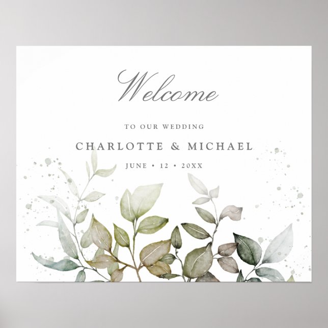 watercolor leaves greenery wedding welcome sign (Front)