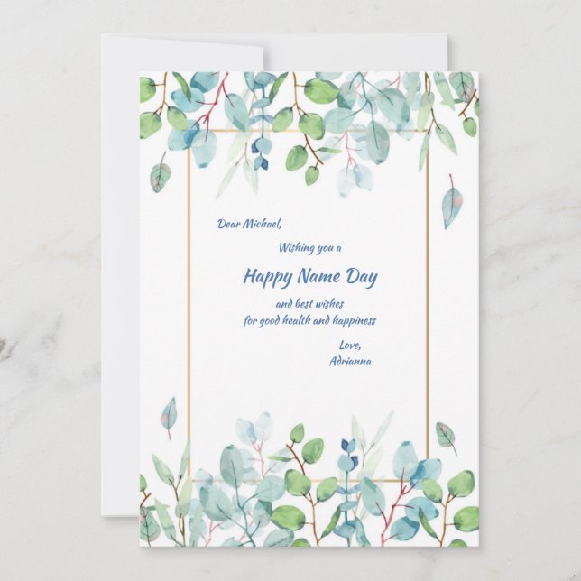 Watercolor Leaves in Blue and Green Name Day Card (Front)