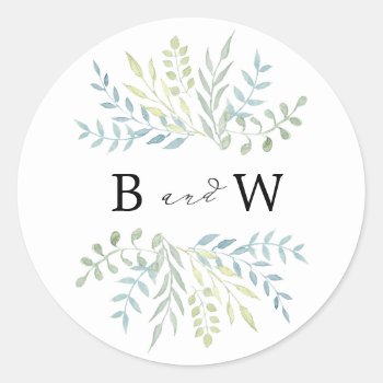Watercolor Leaves In Green Hues Wedding Classic Round Sticker by kittypieprints at Zazzle