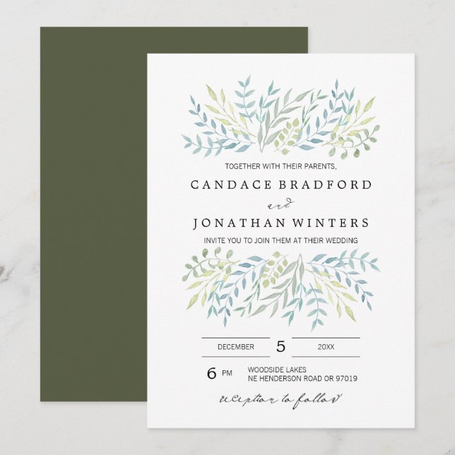Watercolor Leaves in Green Hues Wedding Invitation (Front/Back)