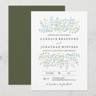 Watercolor Leaves in Green Hues Wedding Invitation