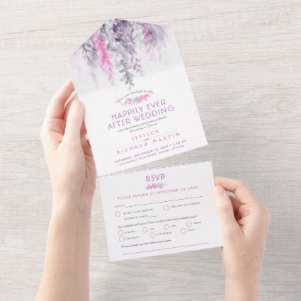 Watercolor leaves indigo pink wedding after party  all in one invitation