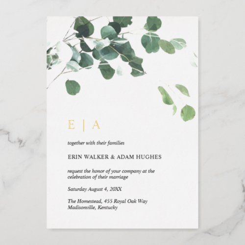 Watercolor Leaves Initials Wedding Real Gold Foil Invitation