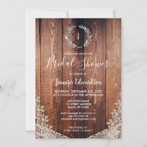 Watercolor leaves lace wood monogram Bridal Shower Invitation