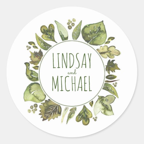 Watercolor Leaves Laurel - Greenery Wreath Wedding Classic Round Sticker - Watercolor leaves wreath - greenery laurel wedding seals