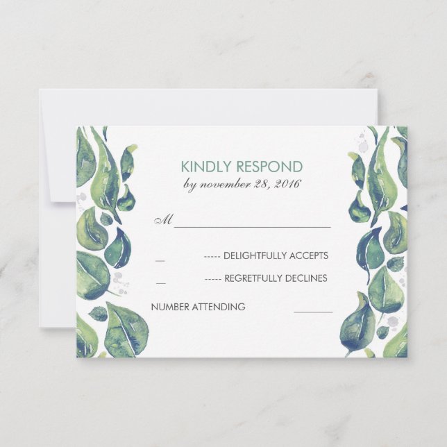 Watercolor Leaves Laurel Rustic Wedding RSVP Card (Front)