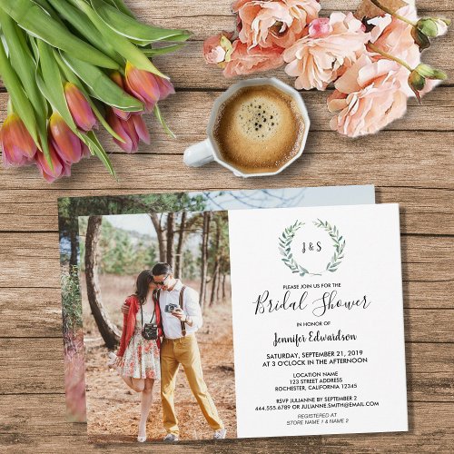 Watercolor leaves monogram photo Bridal Shower Invitation