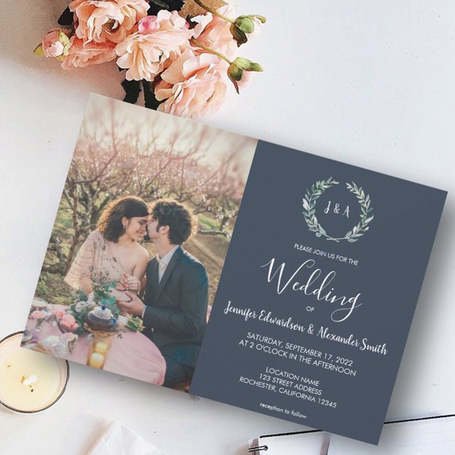 Watercolor leaves monogram photo navy blue Wedding Invitation (Creator Uploaded)