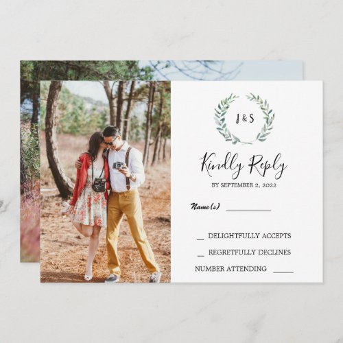 Watercolor leaves monogram photo Wedding RSVP Invitation