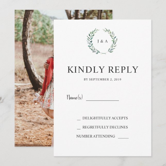 Watercolor leaves monogram photo wedding RSVP Invitation (Front/Back)