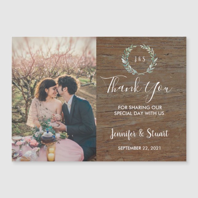 Watercolor leaves monogram photo wedding thank you (Front)