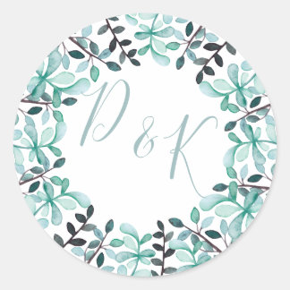 Watercolor Leaves Monogram Wedding Classic Round Sticker