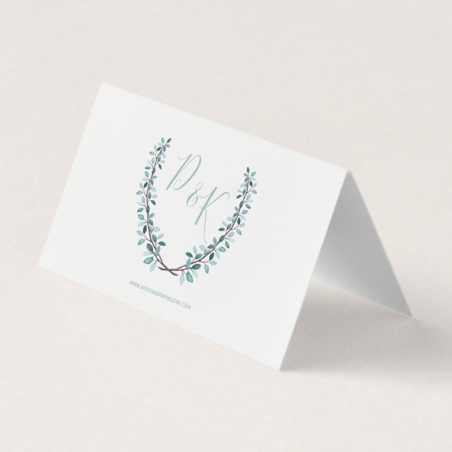 Watercolor Leaves Monogram Wedding Place Cards (Back)