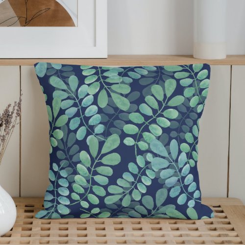 Watercolor Leaves Navy Blue Throw Pillow