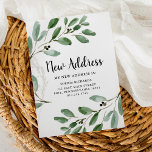 Watercolor Leaves New Address Moving Announcement Postcard<br><div class="desc">These modern and stylish moving announcement postcards feature trendy watercolor greenery and black handwritten script that says "new address".  A chic and simple way to let family and friends know that you have moved.</div>