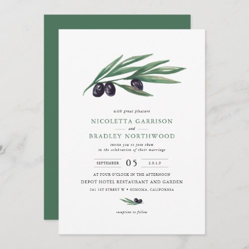 Watercolor Leaves Olive Orchard Wedding Invitation