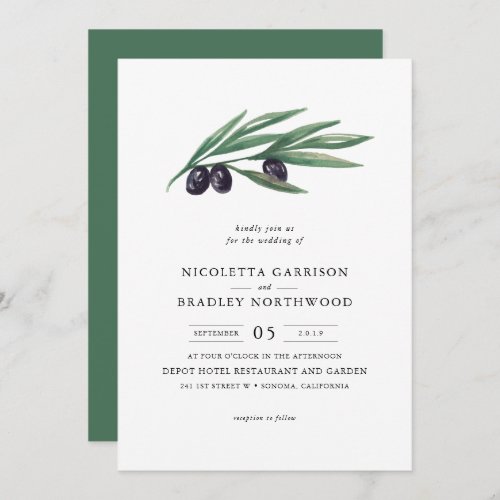 Watercolor Leaves Olive Orchard Wedding Invitation
