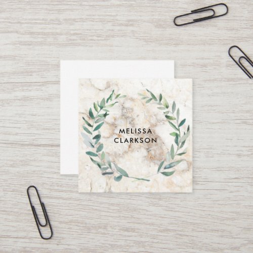 Watercolor leaves on marble pattern professional square business card