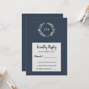 Watercolor leaves on navy blue monogrammed RSVP Invitation