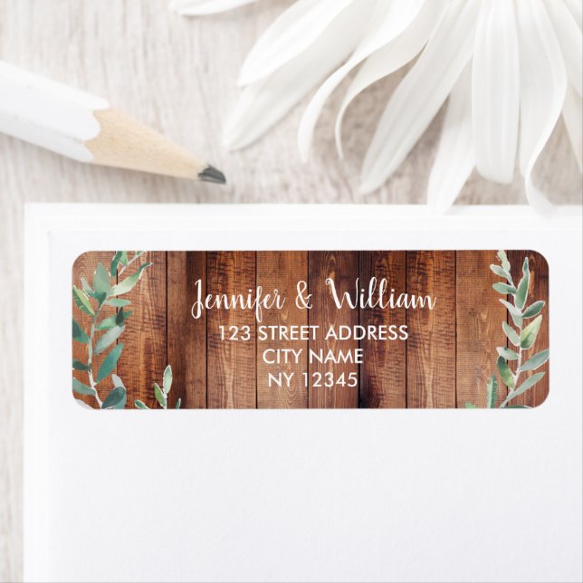 Watercolor leaves on rustic barn wood wedding label (Insitu)