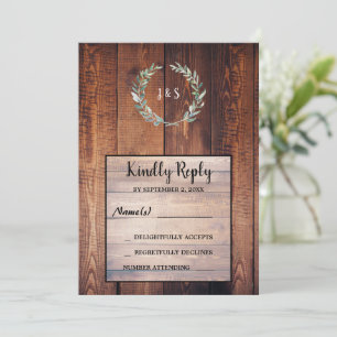 Watercolor leaves on rustic wood monogrammed RSVP Invitation