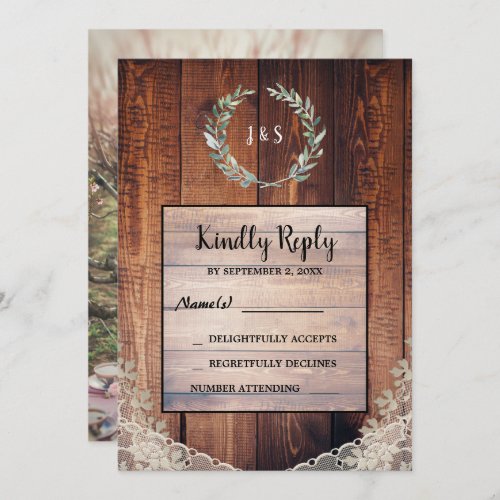 Watercolor leaves on wood lace wedding RSVP photo Invitation