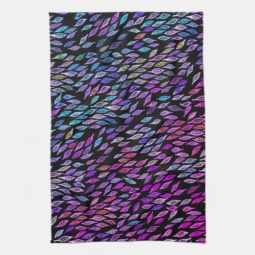 Watercolor Leaves Pattern Black Colorful Kitchen Towel