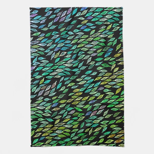 Watercolor Leaves Pattern Black Colorful Kitchen Towel