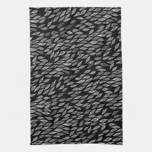 Watercolor Leaves Pattern Black White Kitchen Towel