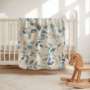 Watercolor Leaves Pattern Blue Beige Cream Baby Blanket