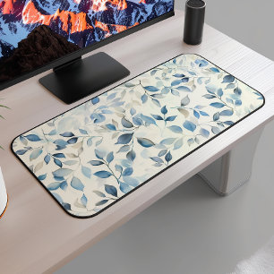 Watercolor Leaves Pattern Blue Beige Cream Desk Mat