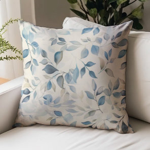 Watercolor Leaves Pattern Blue Beige Cream Throw Pillow