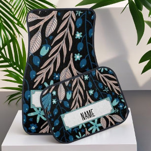 Watercolor Leaves Pattern - Custom Name Car Floor Mat