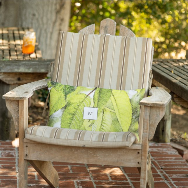 Watercolor leaves pattern monogrammed outdoor lumbar pillow (Chair)