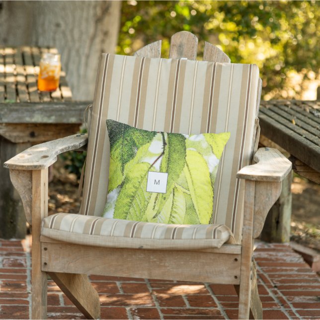 Watercolor leaves pattern monogrammed outdoor outdoor pillow (Chair)